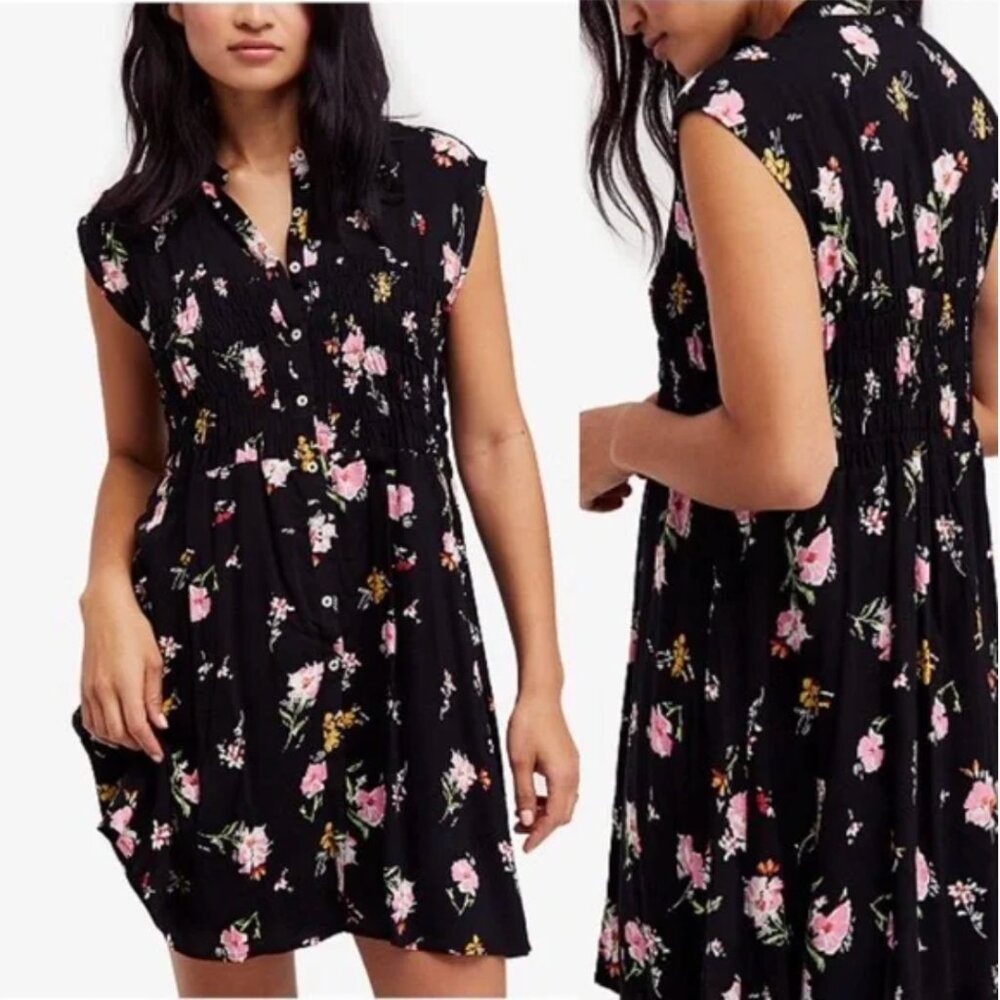 Free People Greatest Day Smocked Dress XS‎ Black Floral Mini Boho Cottagecore